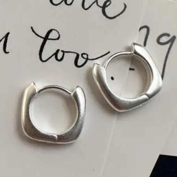 Frosted Silver Geometric Hoop Earrings. 925 Sterling Silver. #1112 - Picture 1 of 4